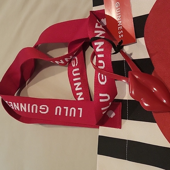 Lulu Guinness Black and White Striped Bag with Red Lips - Picture 2 of 4